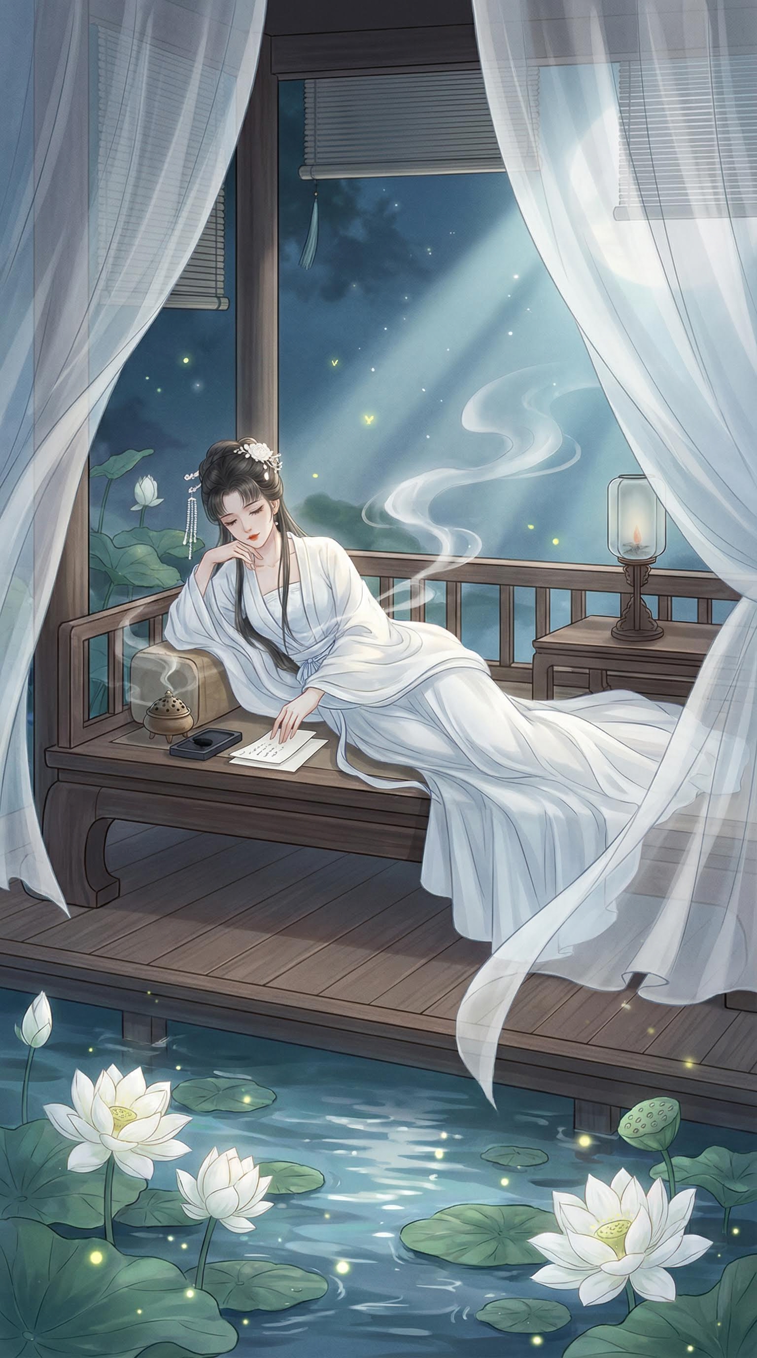 AI generated image using NANO_BANANA_PRO: 2D illustration style, half-body close-up of a character. A woman in a moon-whit...