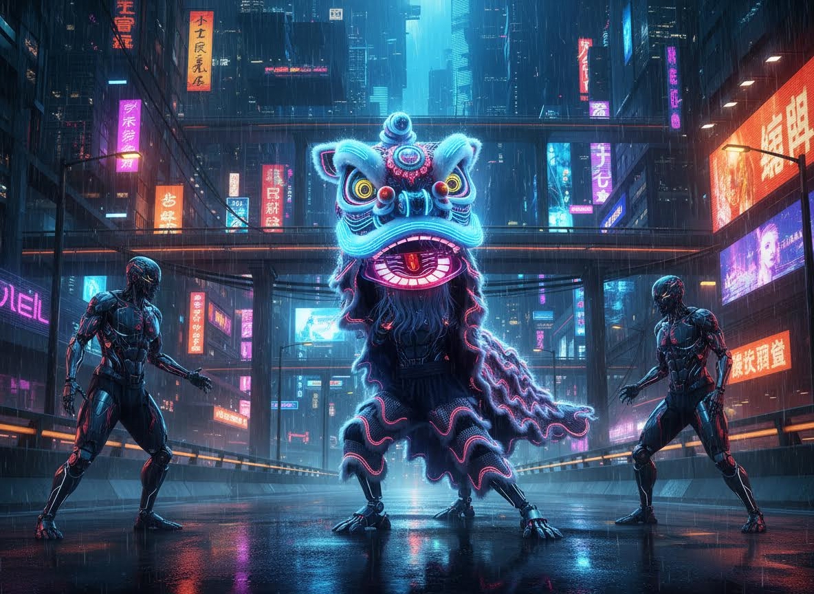 AI generated image using NANO_BANANA: Cyberpunk dynamic lion dance, cyber-modified humans (metal prosthetics + neon pa...