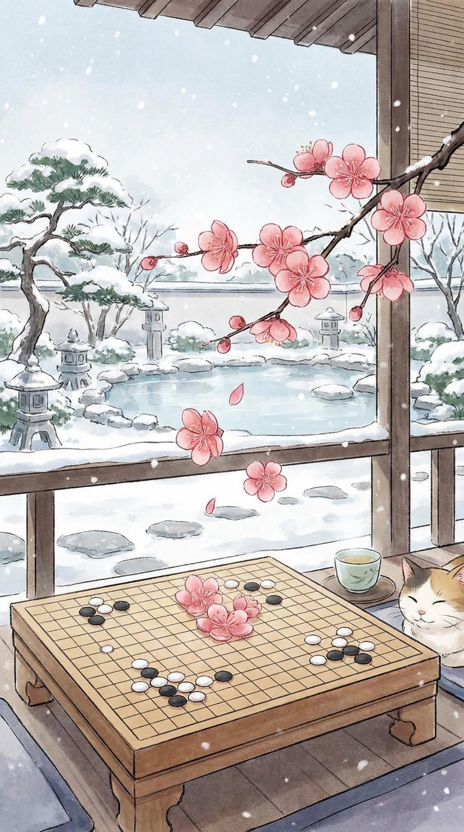 AI generated image using NANO_BANANA_PRO: A few plum blossoms falling onto a Go board, outdoor snowy scene; 2D anime art s...