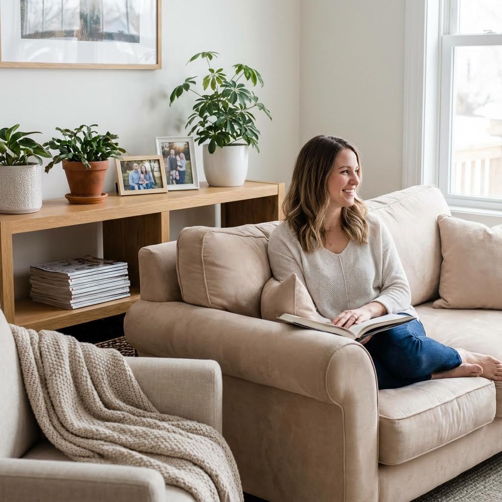 AI generated image using NANO_BANANA_PRO: Show mom in a living room setting background