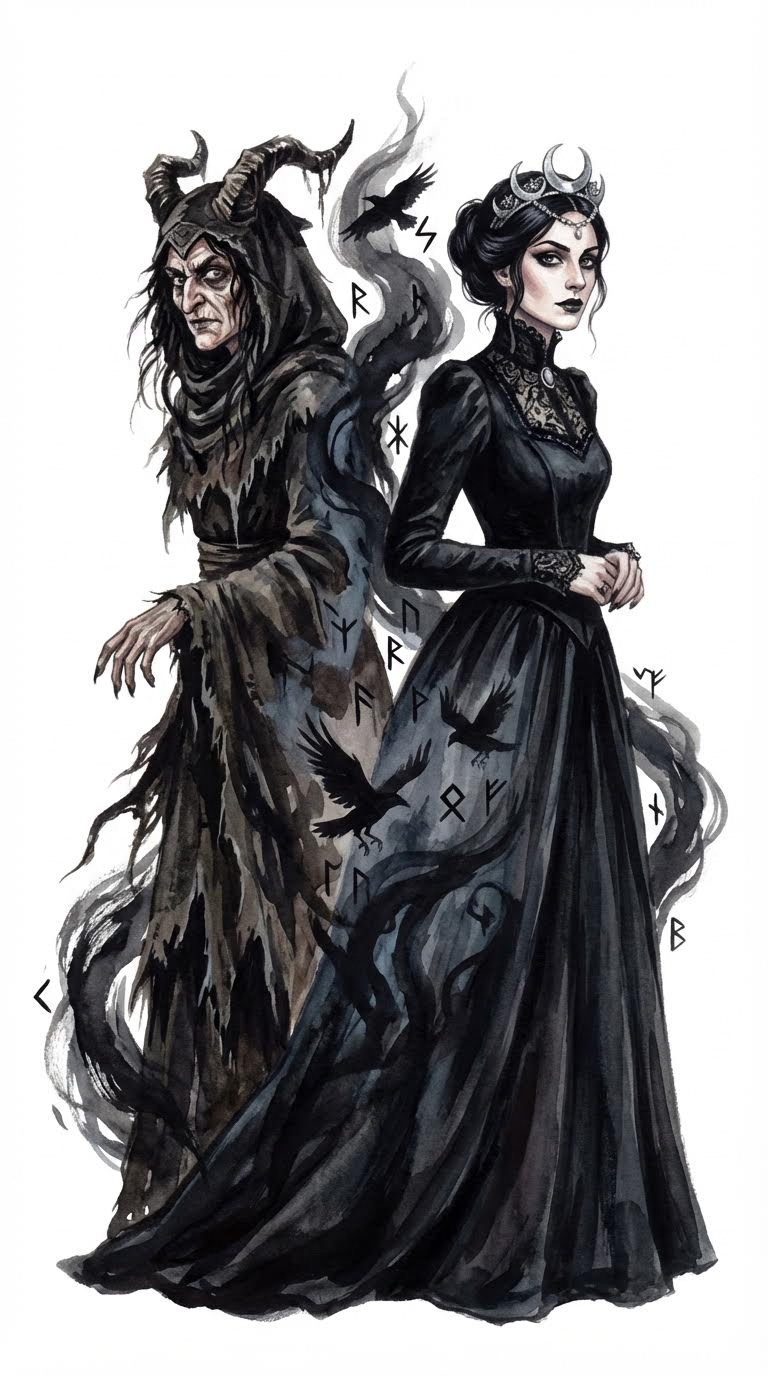 AI generated image using NANO_BANANA_PRO: Generate two witches of different styles, both wearing black clothes, back to ba...