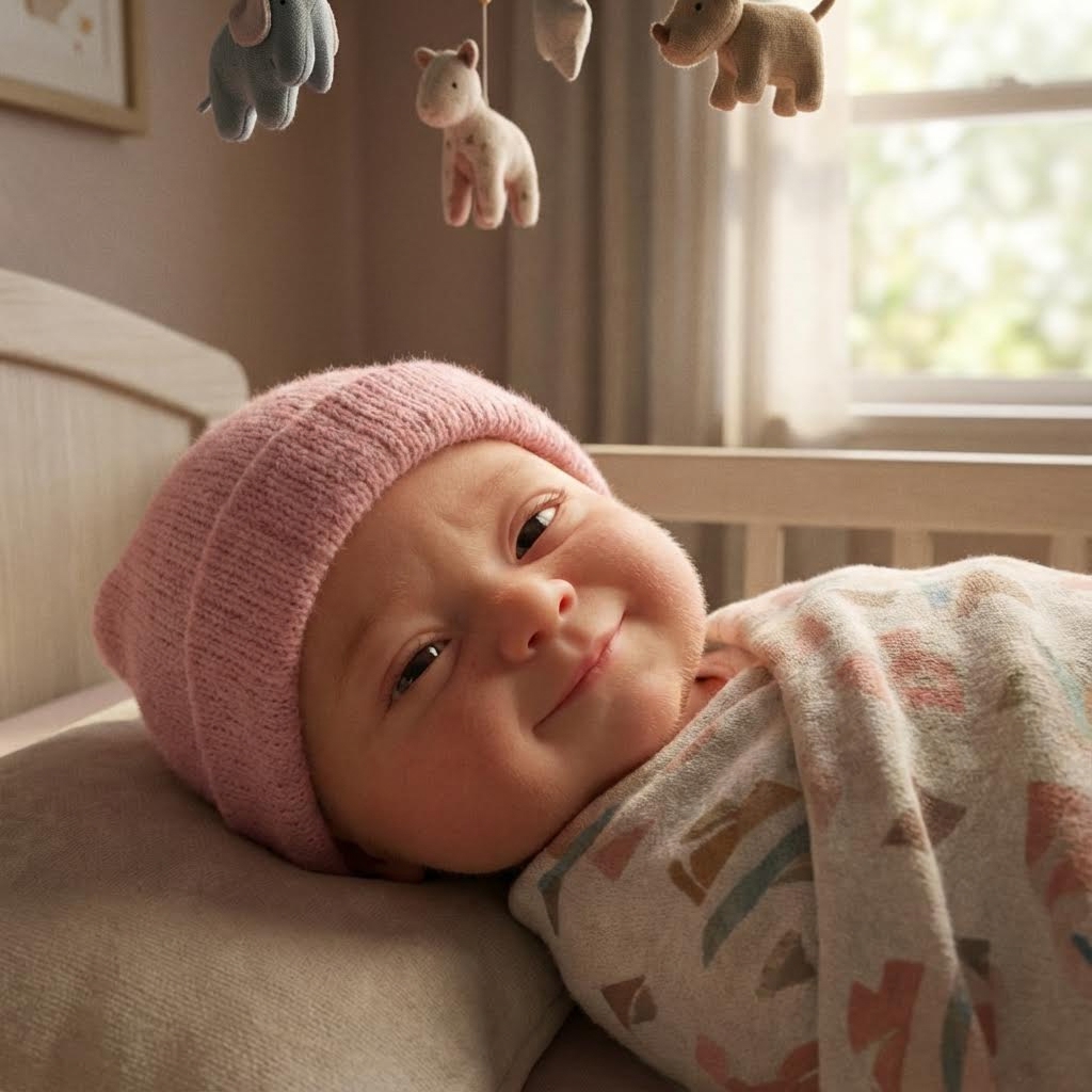 AI generated image using NANO_BANANA_PRO: Create an realistic animated image of a newborn baby girl smiling.