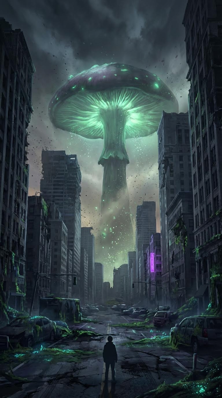 AI generated image using NANO_BANANA_PRO: Post-apocalyptic setting, low-angle shot, dimensions 1500*2800px, anime style, M...