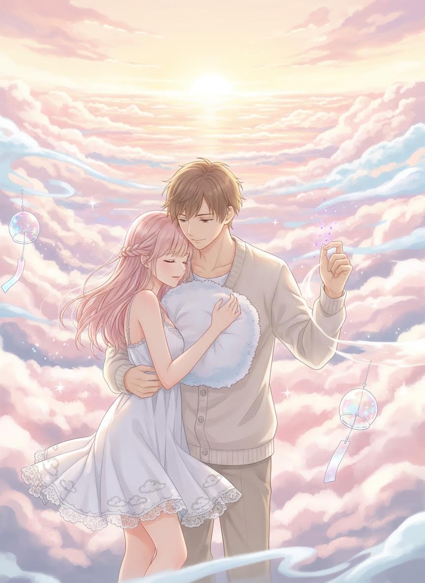 AI generated image using NANO_BANANA: Main Content: A gentle couple (Girl: light pink long hair + white lace-edged sli...