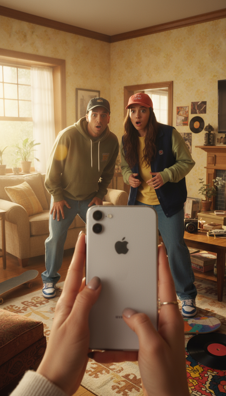 AI generated image using NANO_BANANA: A woman's first-person perspective. The woman is holding the back of a mobile ph...