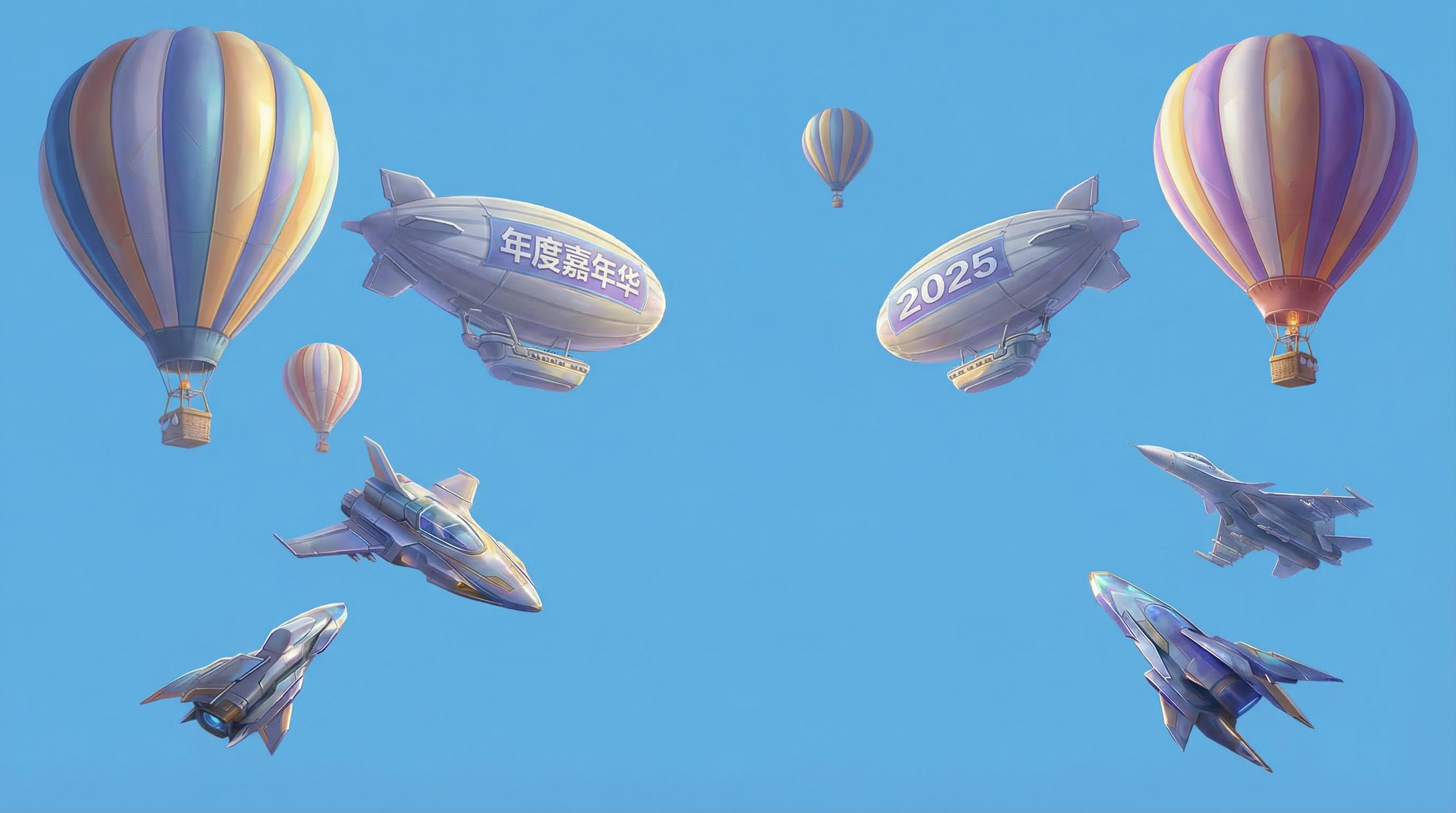 AI generated image using NANO_BANANA_PRO: Extract the hot air balloon and airship from the reference image, place them on ...