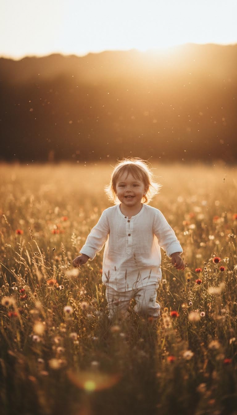 AI generated image using NANO_BANANA: Small child running through a sunlit summer field at golden hour, soft glowing l...