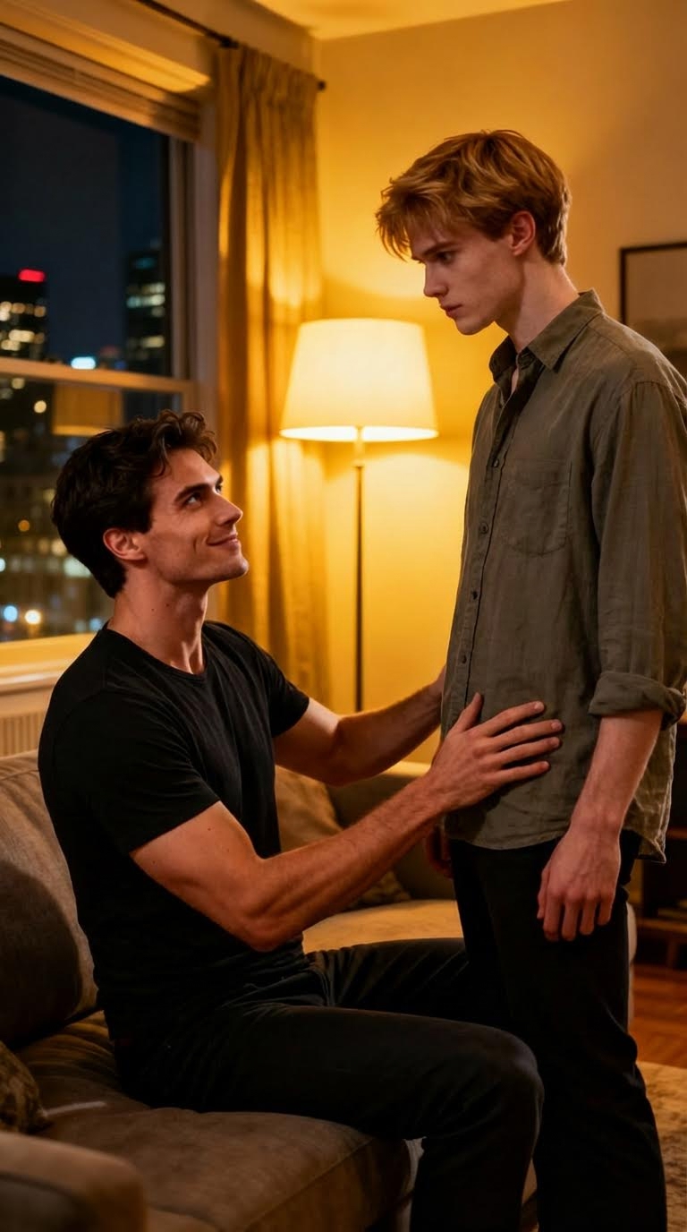 AI generated image using NANO_BANANA_PRO: Two men. The man on the right is wearing a buttoned shirt, and his muscles are n...