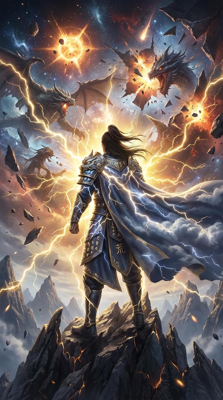 AI generated image using NANO_BANANA_PRO: The silhouette of 'Huang' from 'Perfect World', clad in the Thunder Emperor's ba...