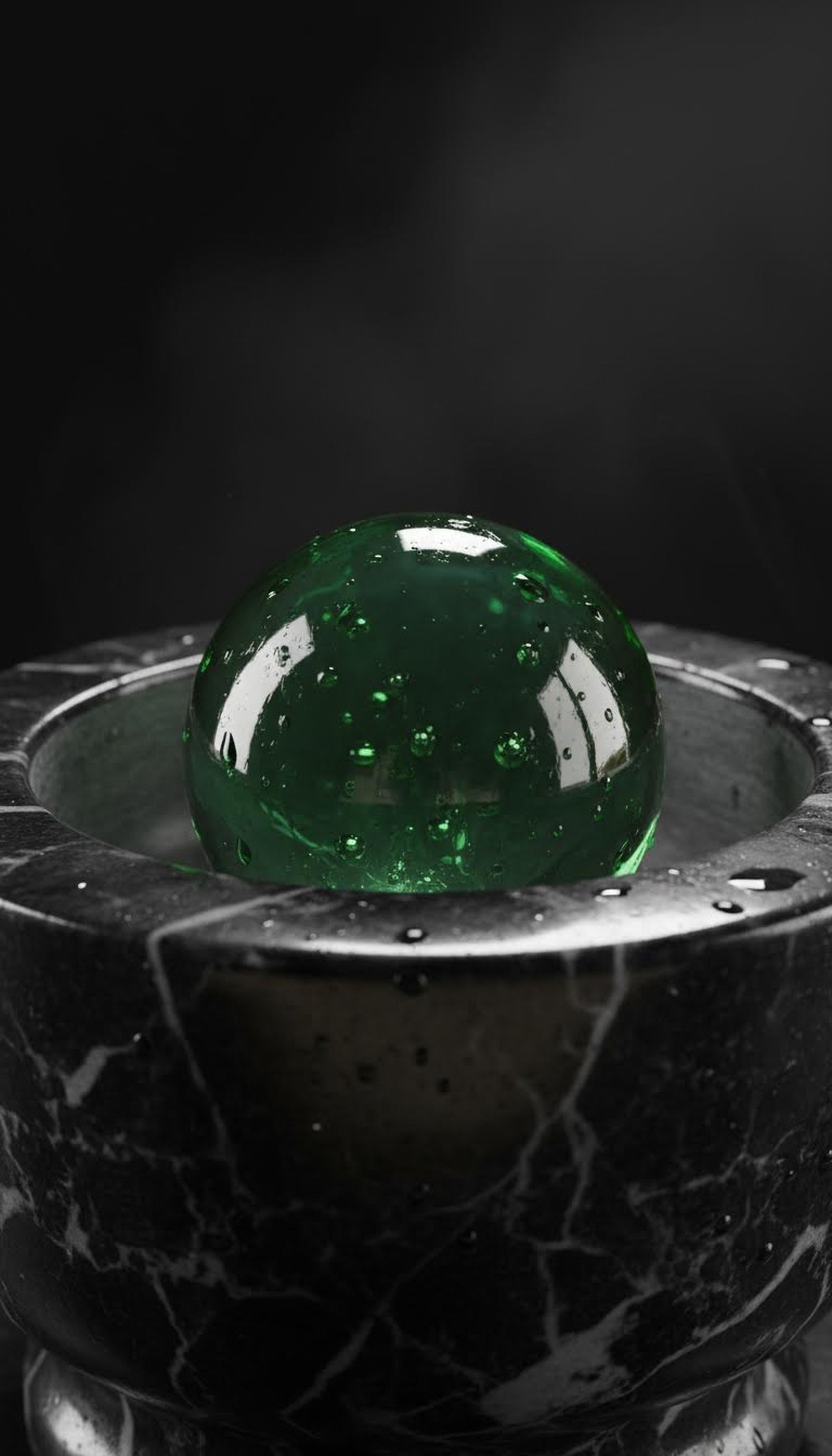AI generated image using NANO_BANANA: Cinematic macro shot of a translucent emerald-green jelly sphere inside a black ...