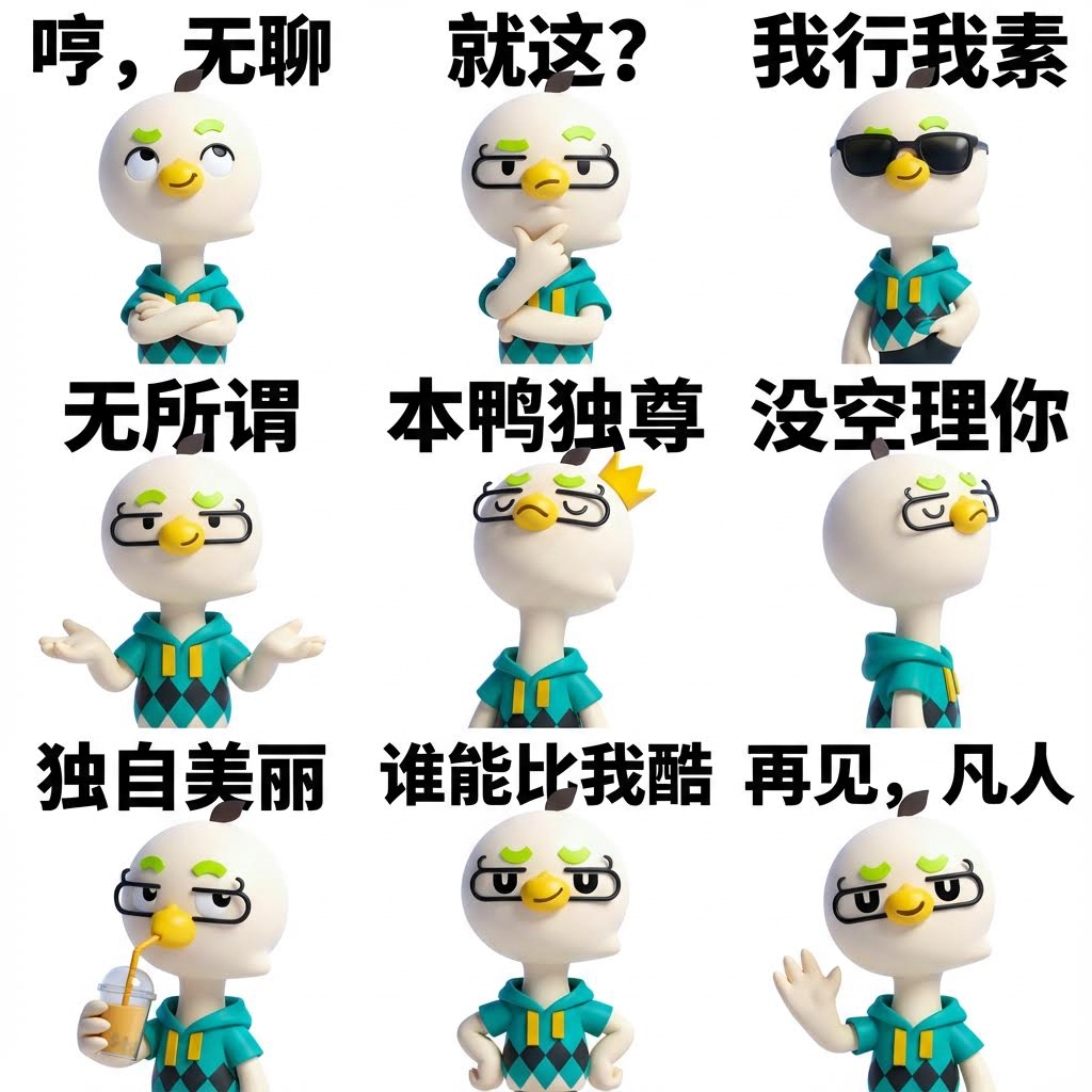 AI generated image using NANO_BANANA_PRO: This duck has a unique personality. Create an emoji pack featuring it, with a pu...