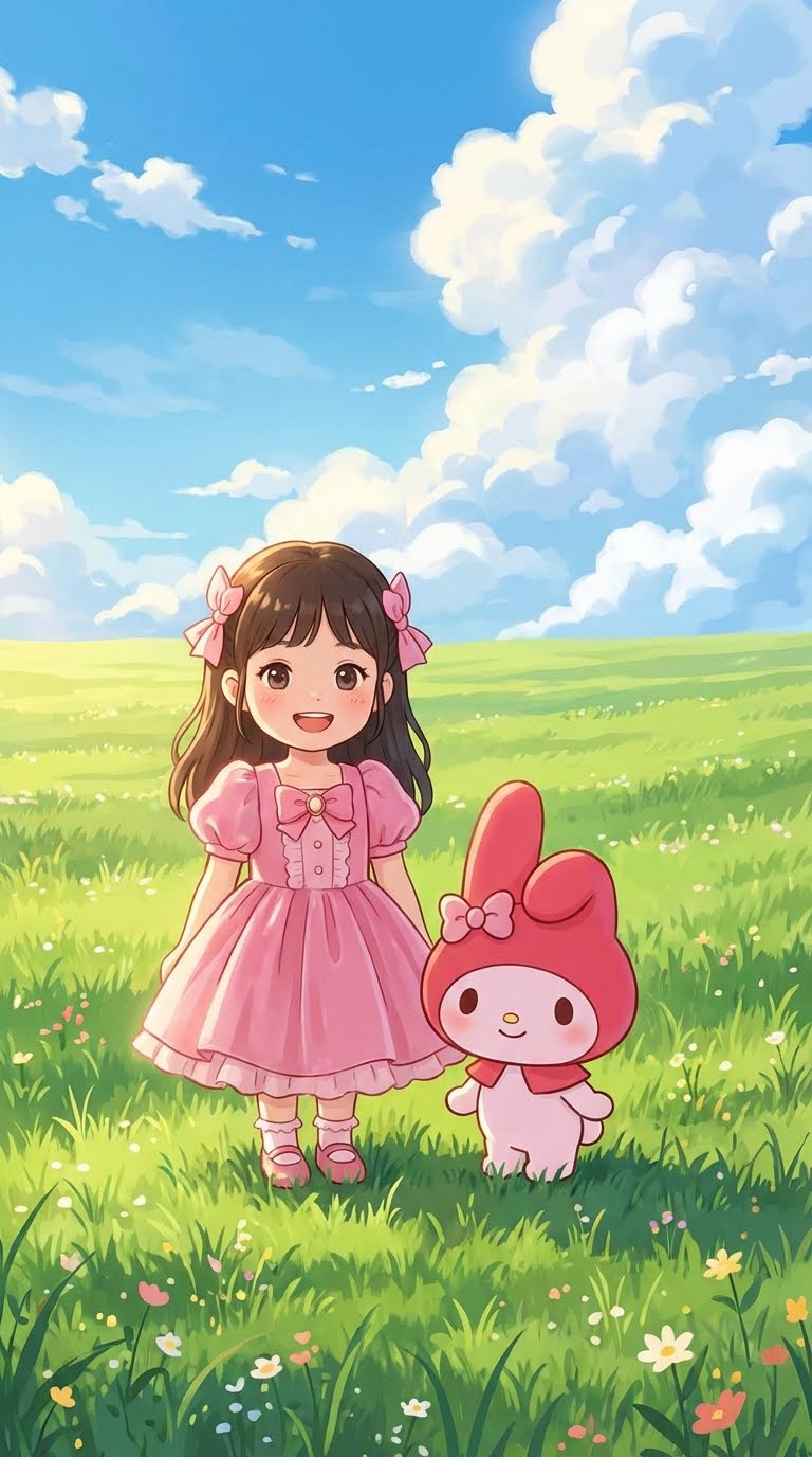 AI generated image using NANO_BANANA_PRO: Generate an image featuring a little girl and My Melody standing together for a ...