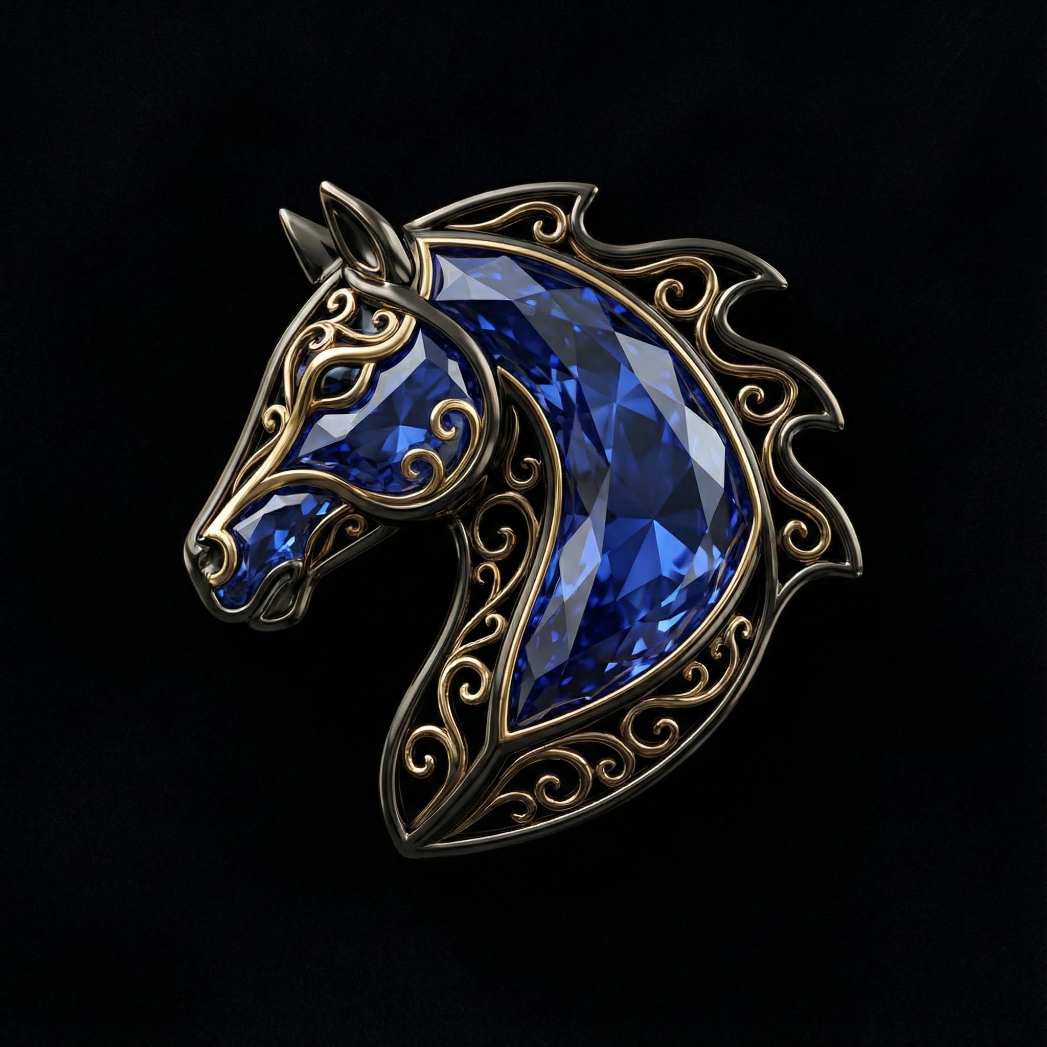 AI generated image using NANO_BANANA_PRO: Generate a style of a black and gold horse head with blue gemstones, exuding a n...