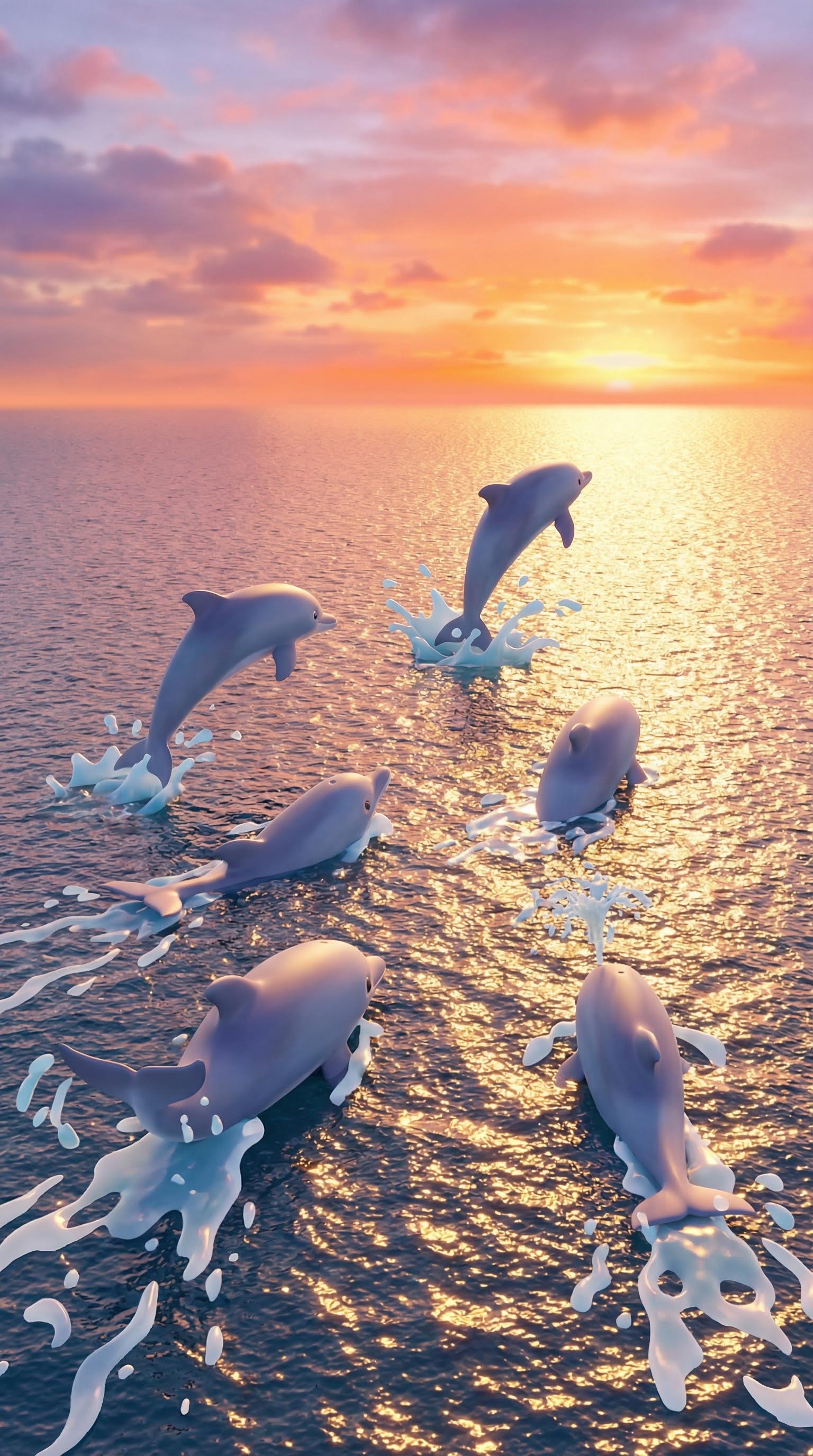 AI generated image using NANO_BANANA_PRO: 3D cartoon style, six dolphins swimming into the distance across a vast ocean, v...