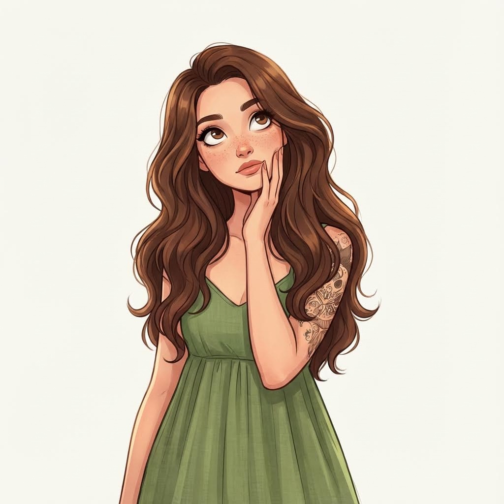 AI generated image using NANO_BANANA_PRO: A white, long-haired girl, wearing a casual dress, touches her face and tilts he...