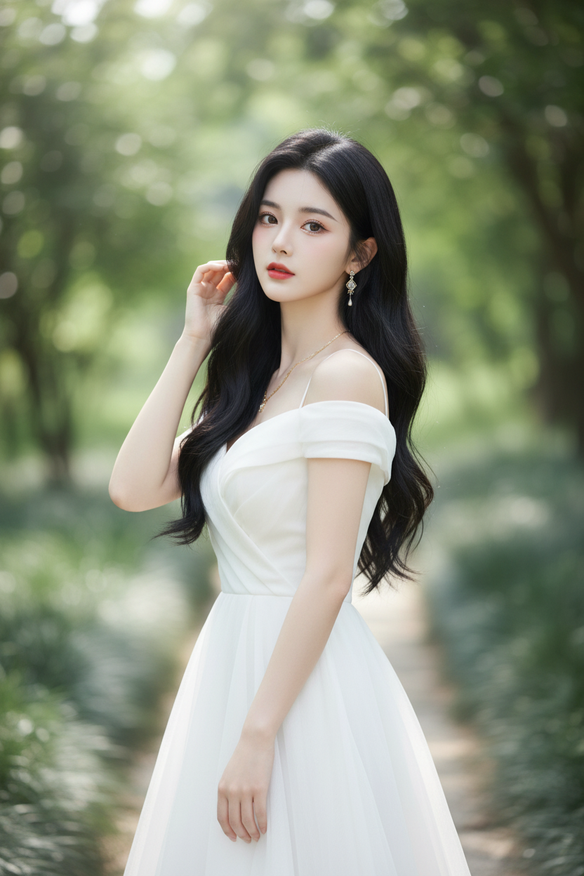 AI generated image using NANO_BANANA: Beautiful woman, black long hair, fair skin, white dress, exquisite makeup. Real...