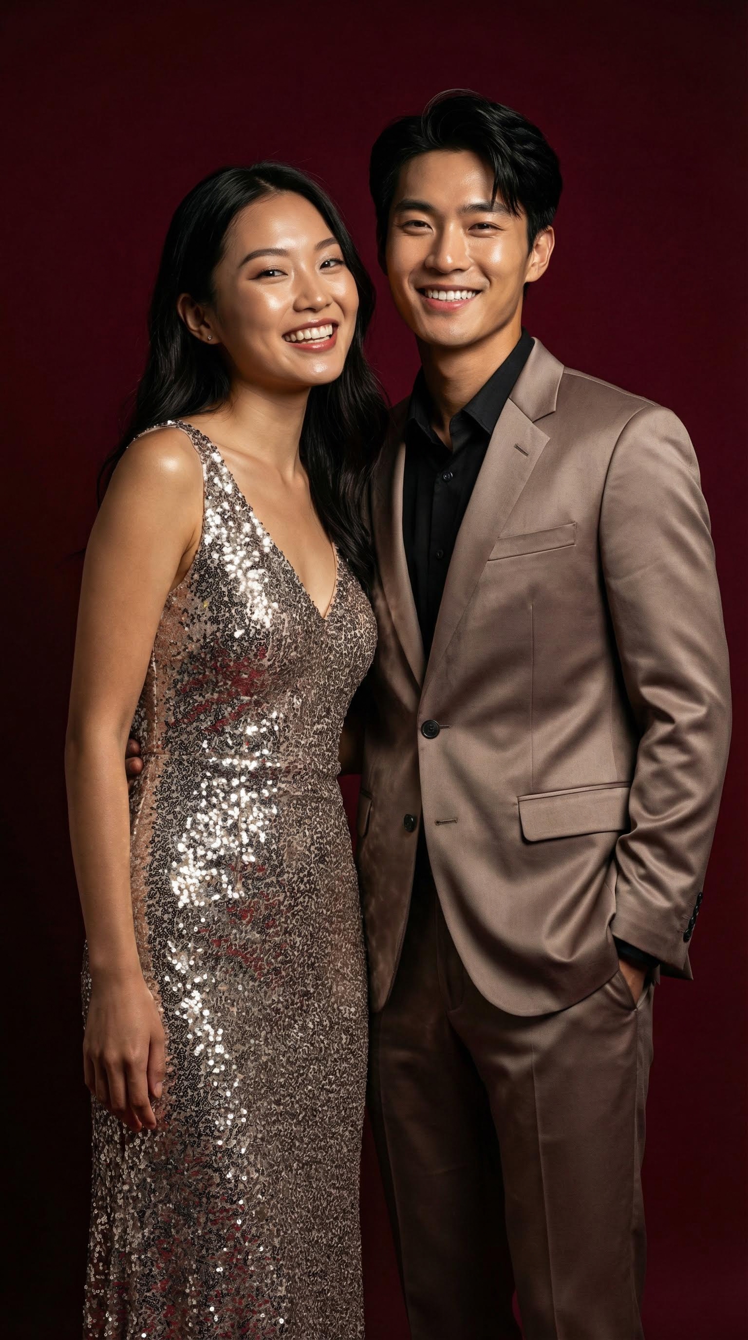 AI generated image using NANO_BANANA_PRO: An East Asian couple at a party, around 20 years old, with sweet and happy expre...