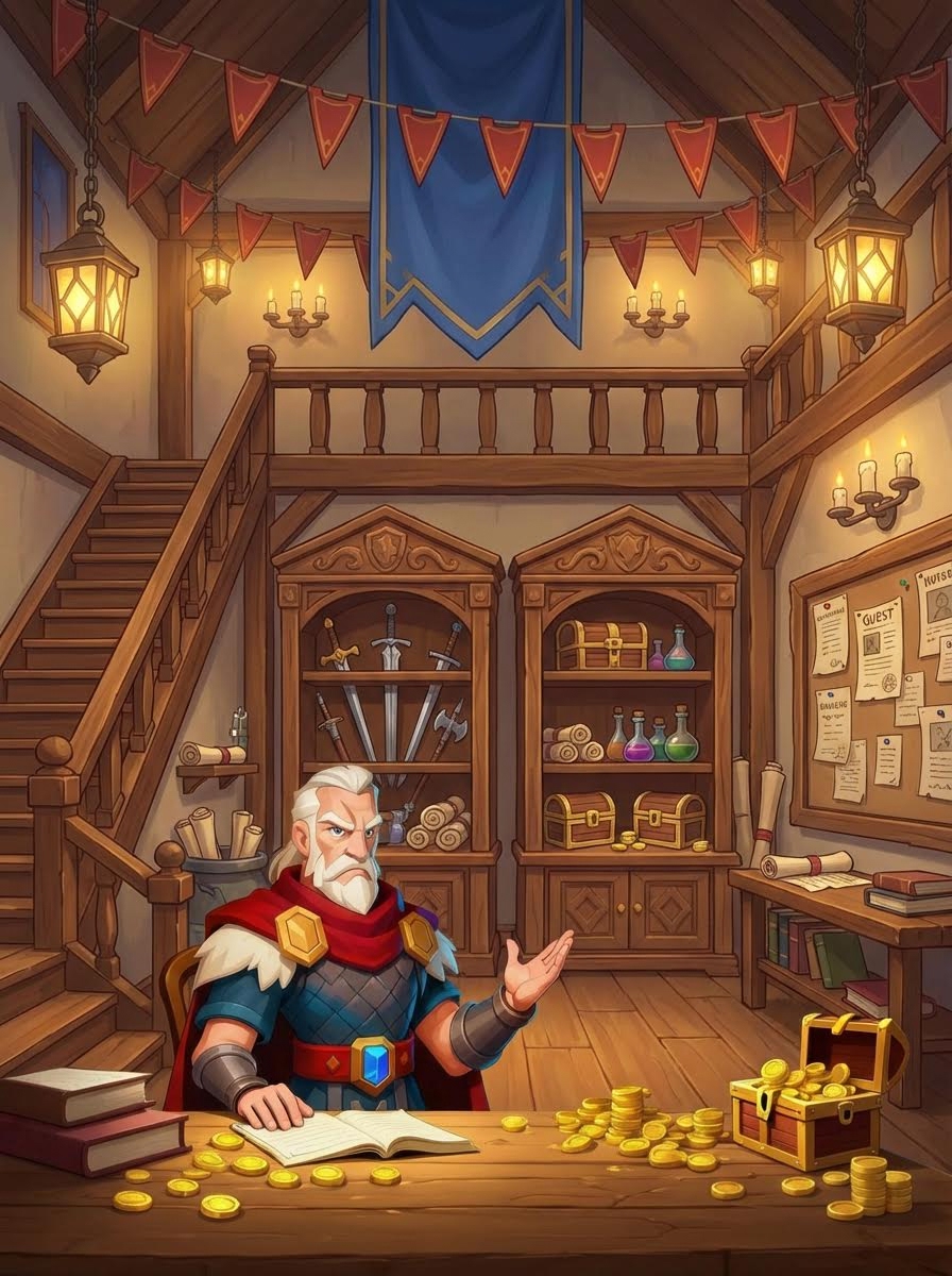 AI generated image using NANO_BANANA_PRO: Cartoon fantasy medieval guild hall, with blue banners hanging from the top and ...