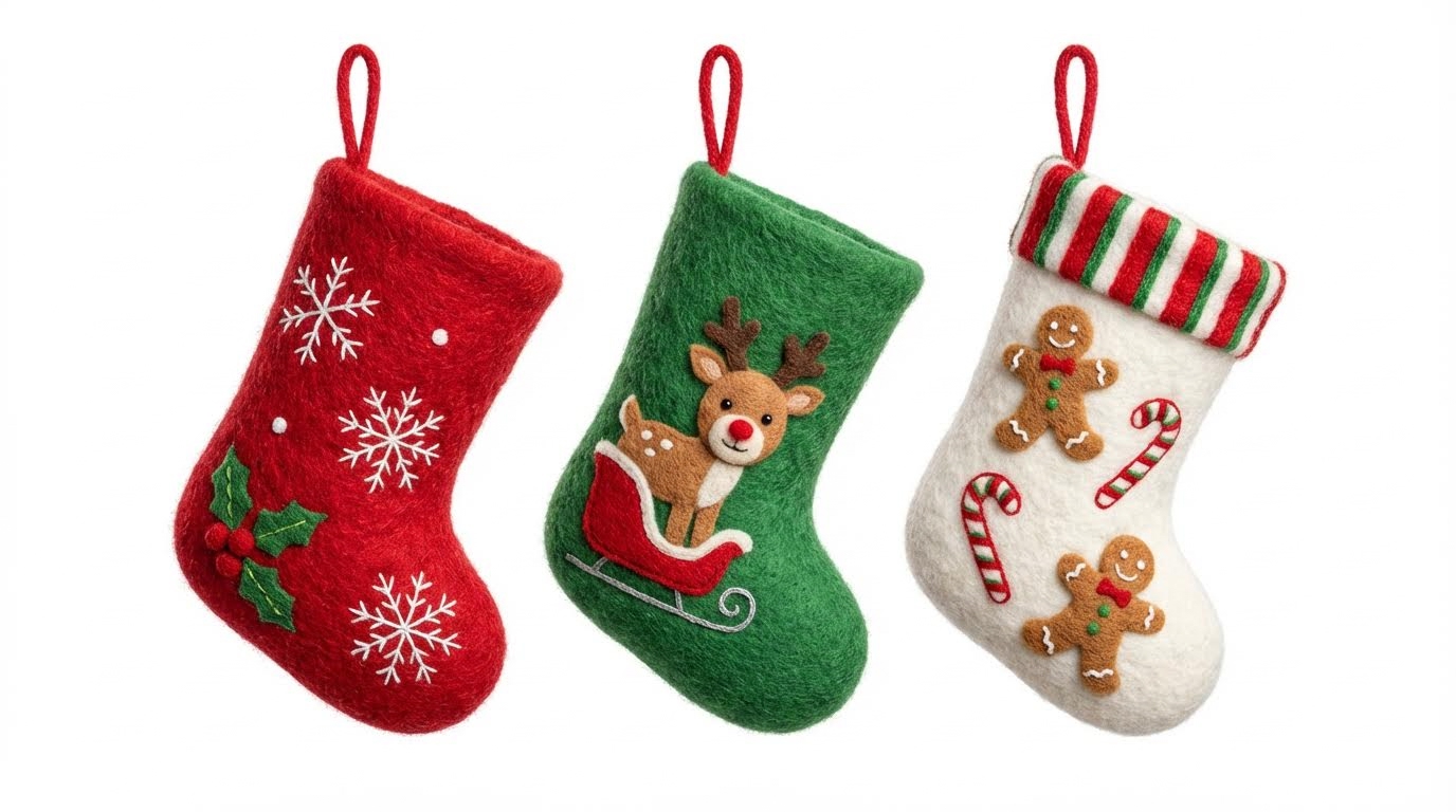 AI generated image using NANO_BANANA_PRO: Replace these 3 Christmas stockings sequentially with 3 Christmas-themed stockin...