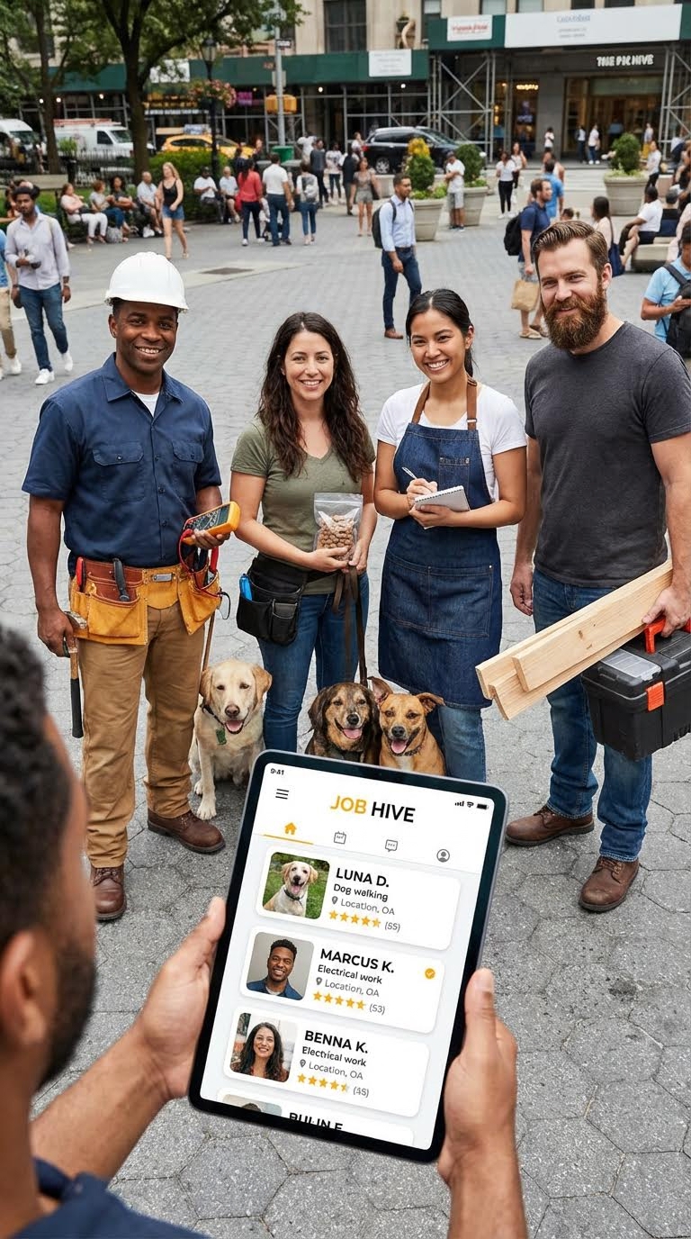 AI generated image using NANO_BANANA_PRO: Create an image for a casual worker search app that shows several characters of ...