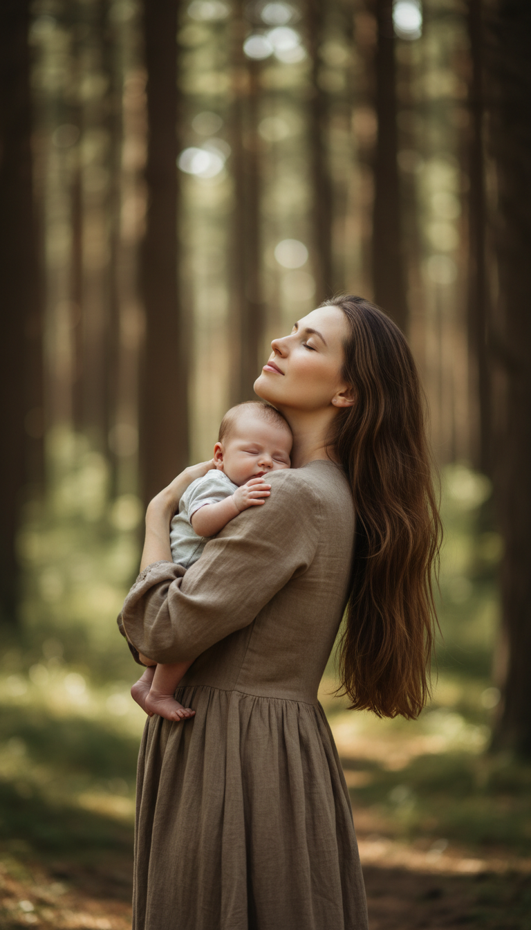 AI generated image using NANO_BANANA: Generate an image of a mother holding a baby in a forest. The mother is looking ...