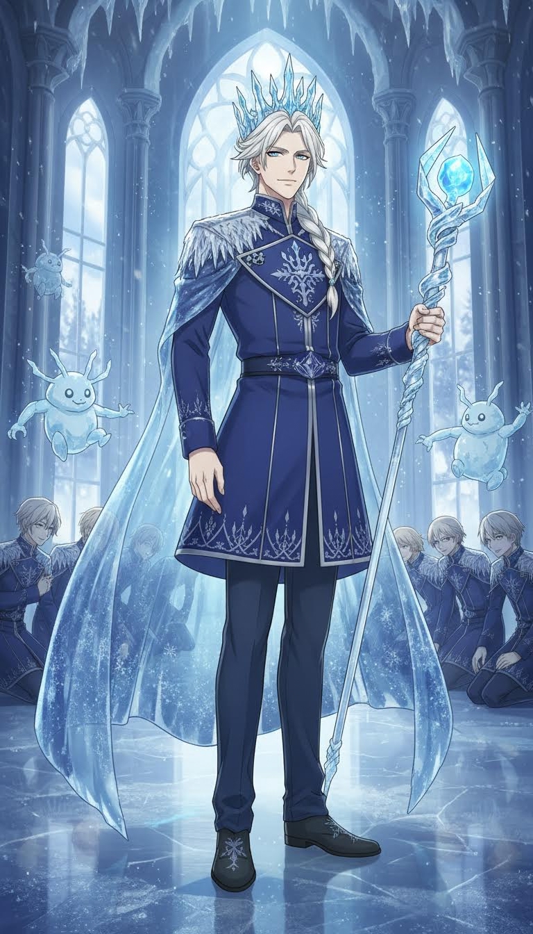 AI generated image using NANO_BANANA: Create a male character inspired by Elsa from Frozen in the Twisted Wonderland u...