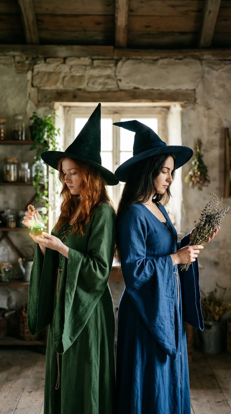 AI generated image using NANO_BANANA_PRO: Generate two witches standing back to back. The witch on the left is looking at ...