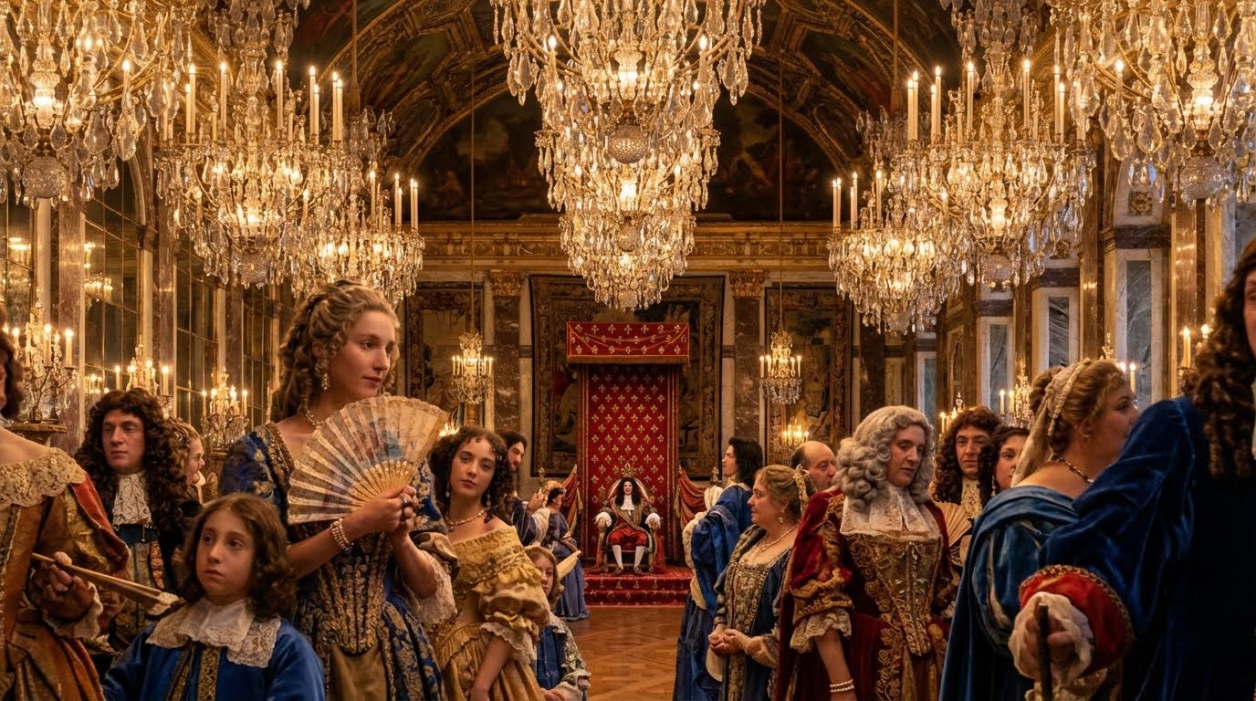 AI generated image using NANO_BANANA_PRO: Photorealistic image of a grand court ball of Louis XIV in the Hall of Mirrors o...
