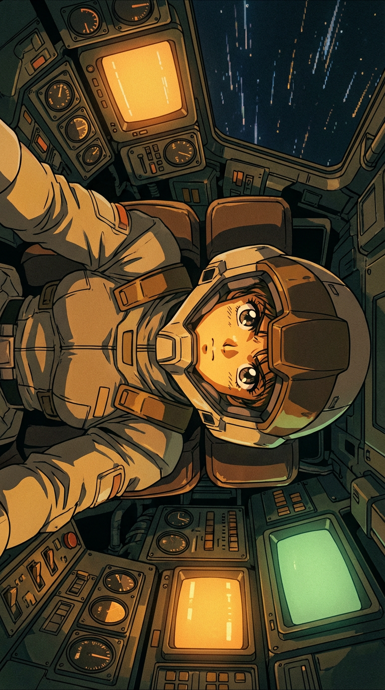 AI generated image using NANO_BANANA_PRO: Female mecha pilot in detailed cockpit interior, nostalgic 90s OVA anime aesthet...