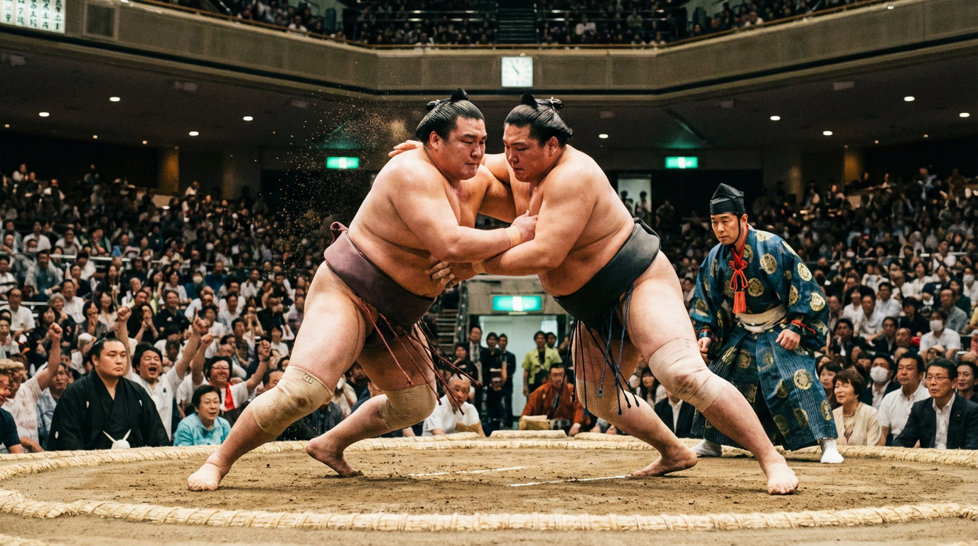 AI generated image using NANO_BANANA_PRO: Two Japanese sumo wrestlers. Competing in an arena.