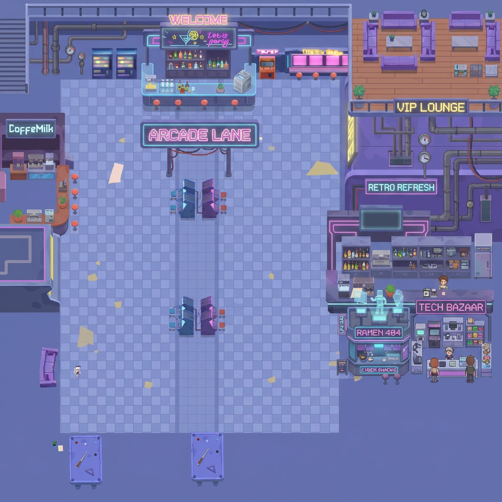 AI generated image using NANO_BANANA_PRO: Add some objects, pipes, neon signs, stalls, and a second-floor lounge, while ke...