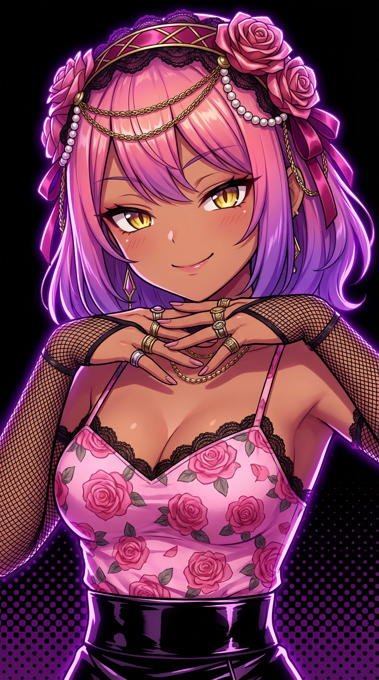 AI generated image using NANO_BANANA_PRO: Subject: A playful, brown-skinned, sexy anime-style girl. Her bright golden vert...