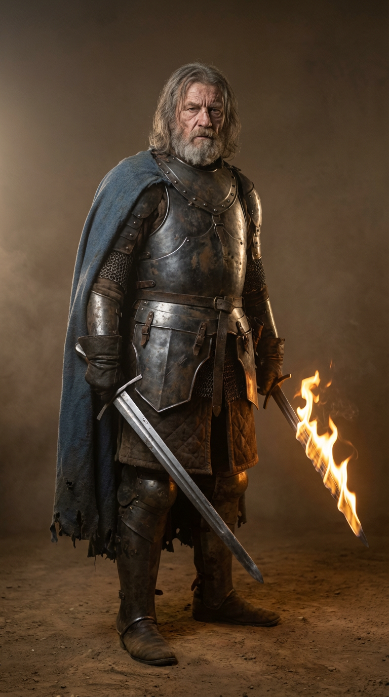 AI generated image using NANO_BANANA_PRO: Ultra-realistic cinematic portrait of an older battle-hardened warrior, male, ar...