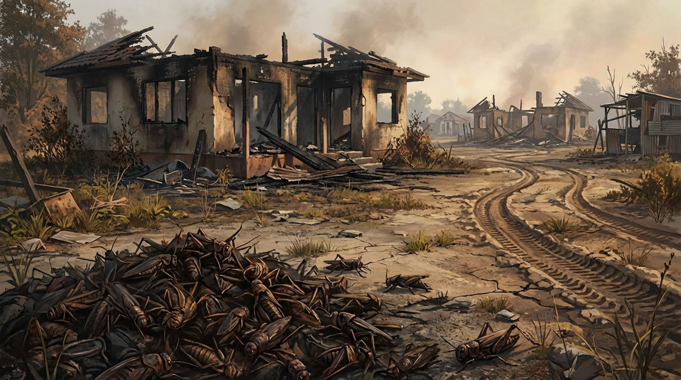 AI generated image using NANO_BANANA_PRO: The long shot is a picture of charred bungalow ruins, the foreground is a pile o...