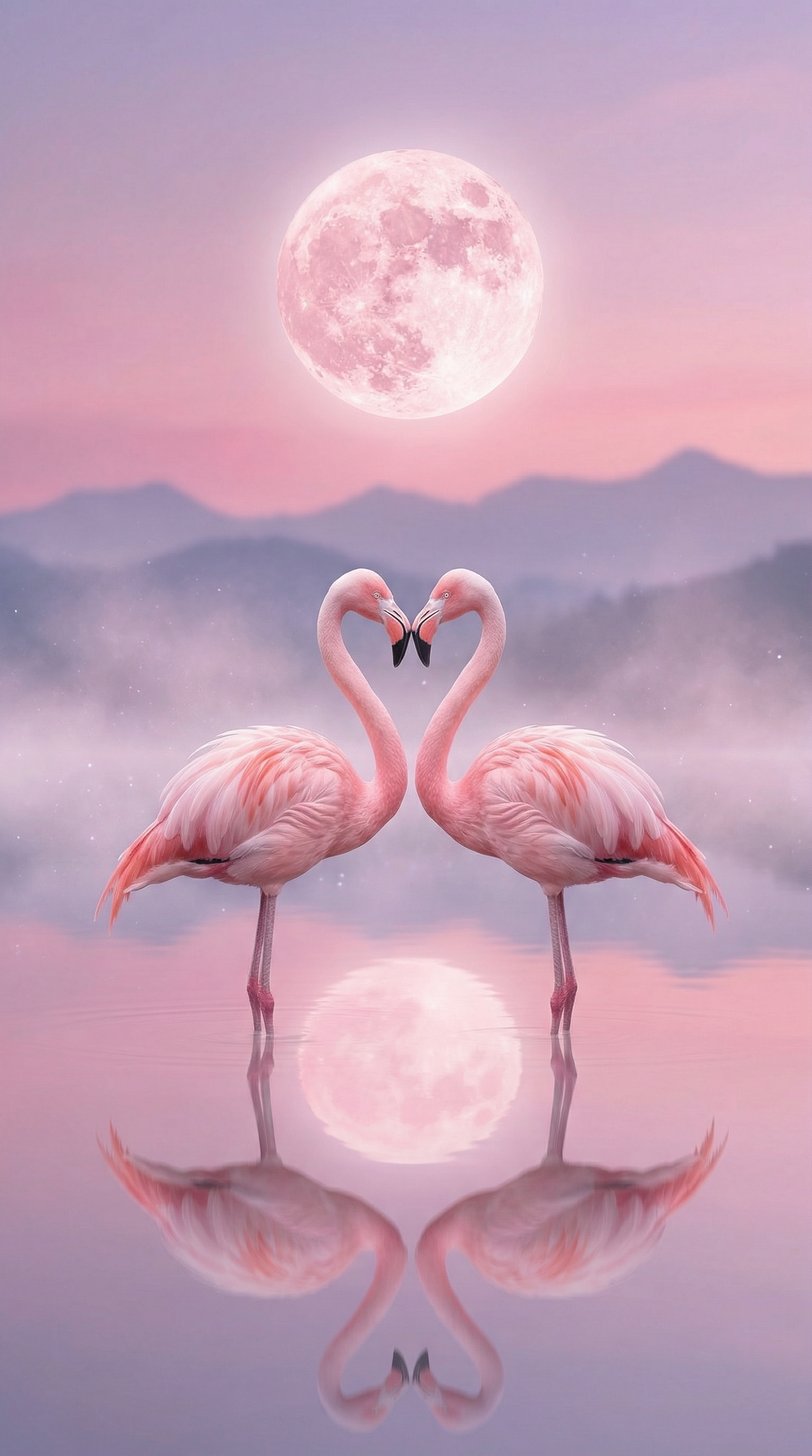 AI generated image using NANO_BANANA_PRO: Two elegant pink flamingos standing in shallow reflective water, facing each oth...