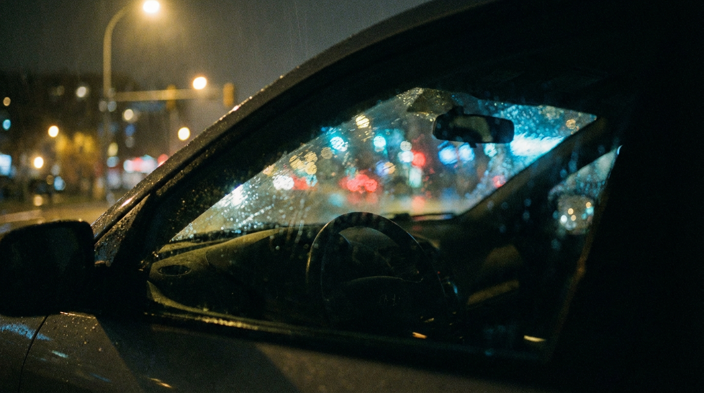 AI generated image using NANO_BANANA_PRO: Interior view from inside a parked car at night. The viewer is seated inside the...