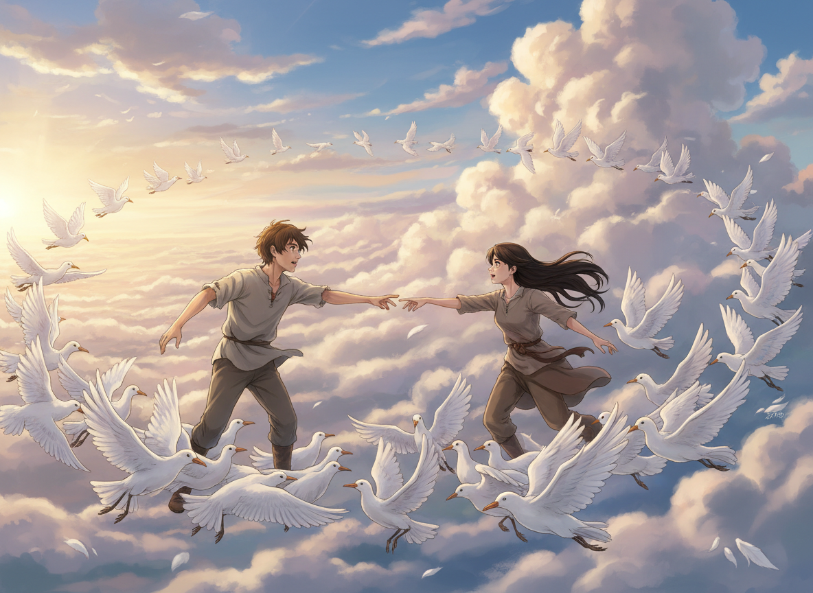 AI generated image using NANO_BANANA: Studio Ghibli inspired anime illustration, wide cinematic composition, a vast be...