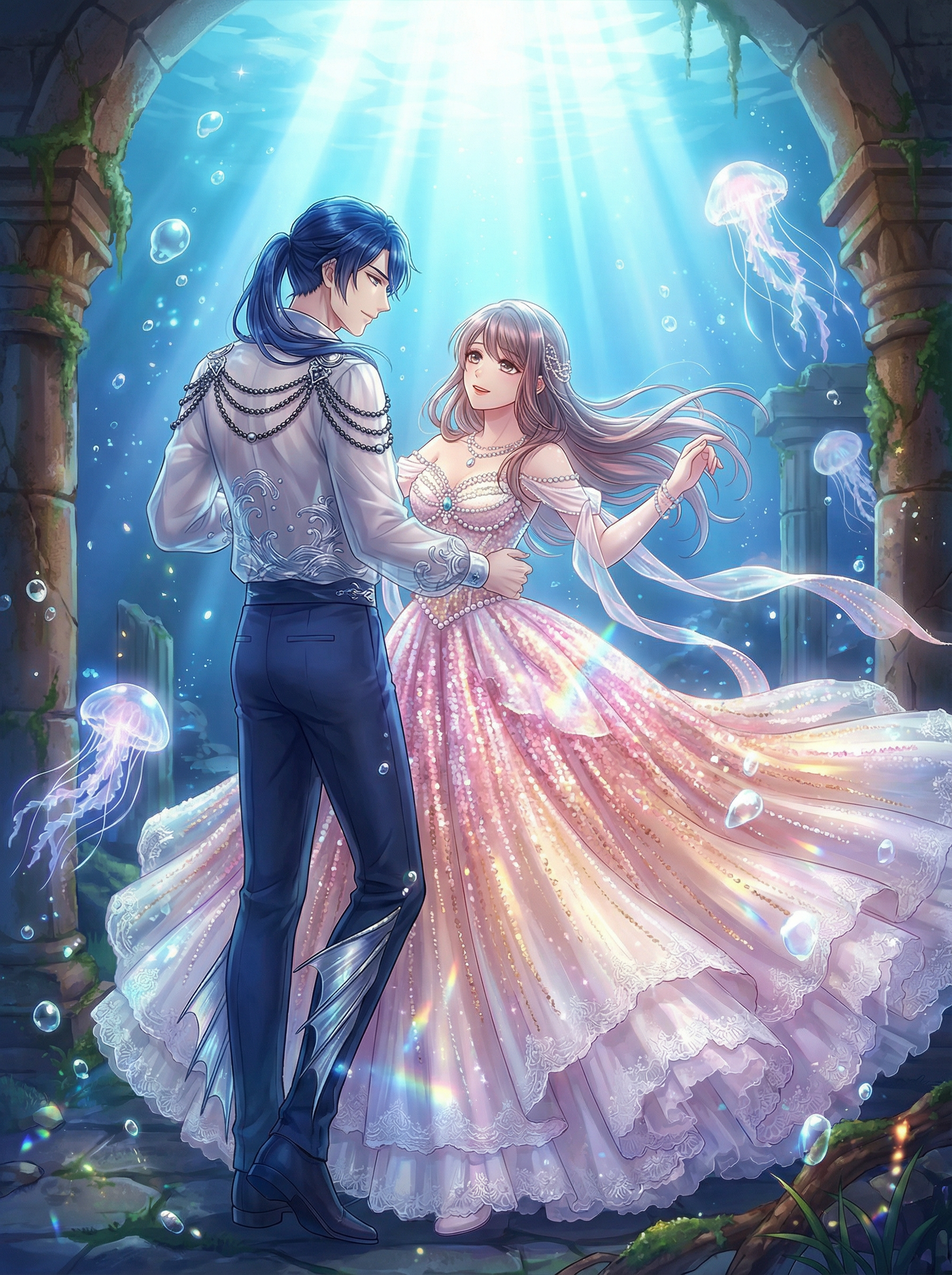 AI generated image using NANO_BANANA_PRO: Otome game CG illustration, extremely gorgeous and luxurious. A couple performin...