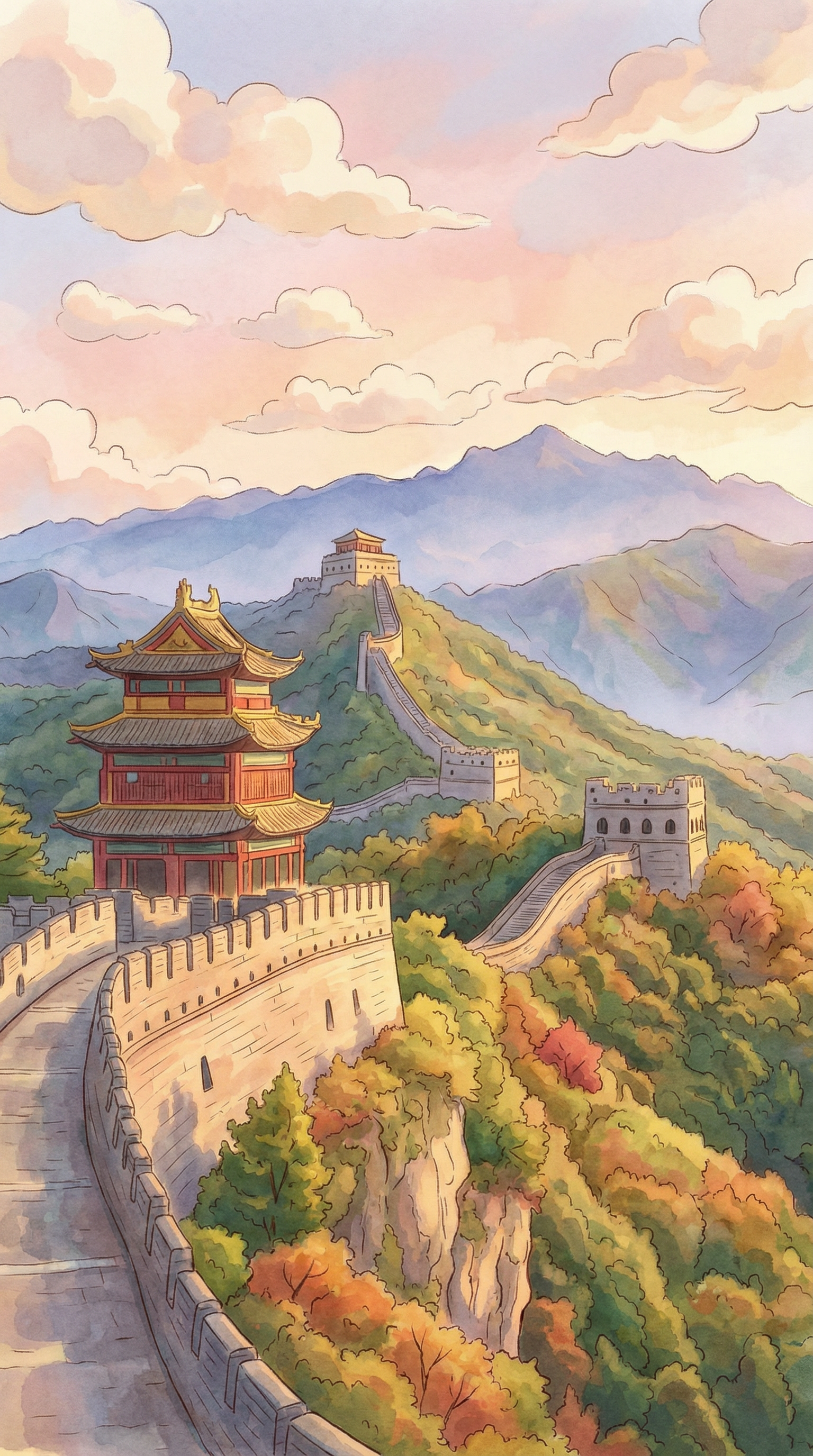 AI generated image using NANO_BANANA_PRO: A Studio Ghibli–inspired illustration of the Great Wall winding gracefully acros...