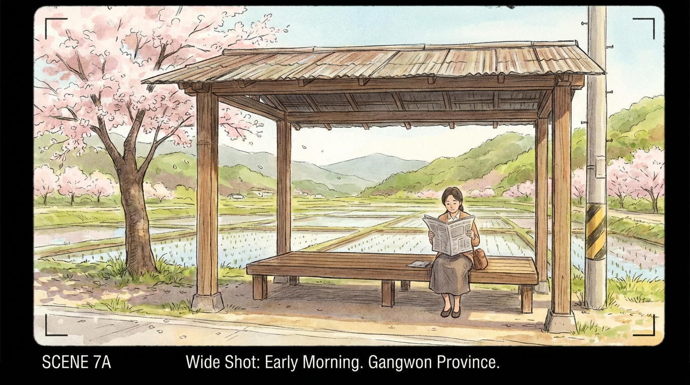 AI generated image using NANO_BANANA_PRO: Storyboard illustration, cinematic style. Early May spring weather in rural Gang...