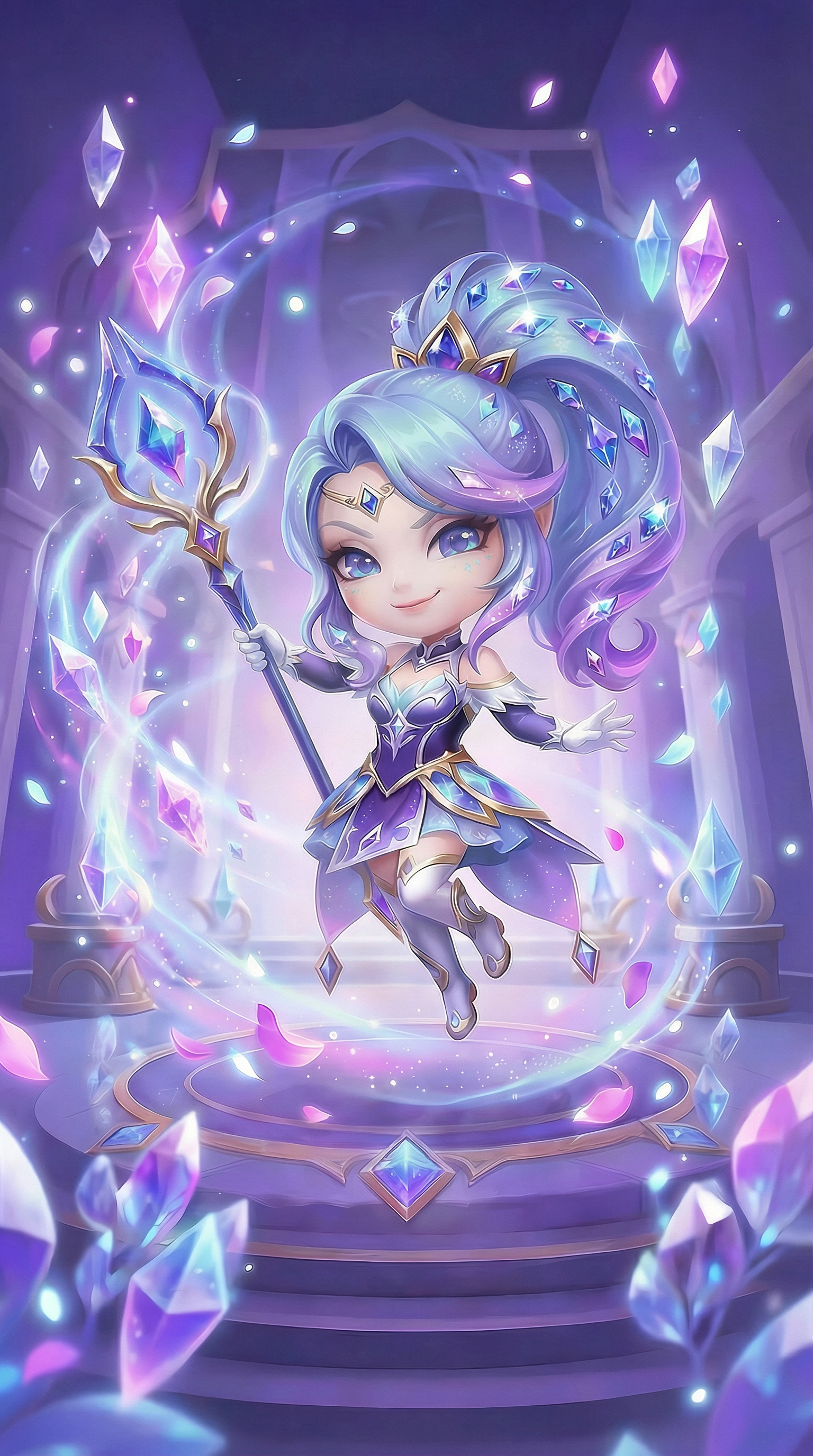 AI generated image using NANO_BANANA_PRO: The girl waves the scepter, gems gather around the scepter, the girl has a playf...