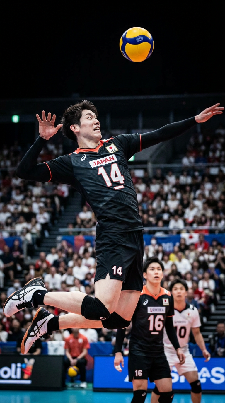 AI generated image using NANO_BANANA_PRO: Please create an image of volleyball player Yuki Ishikawa spiking the ball while...