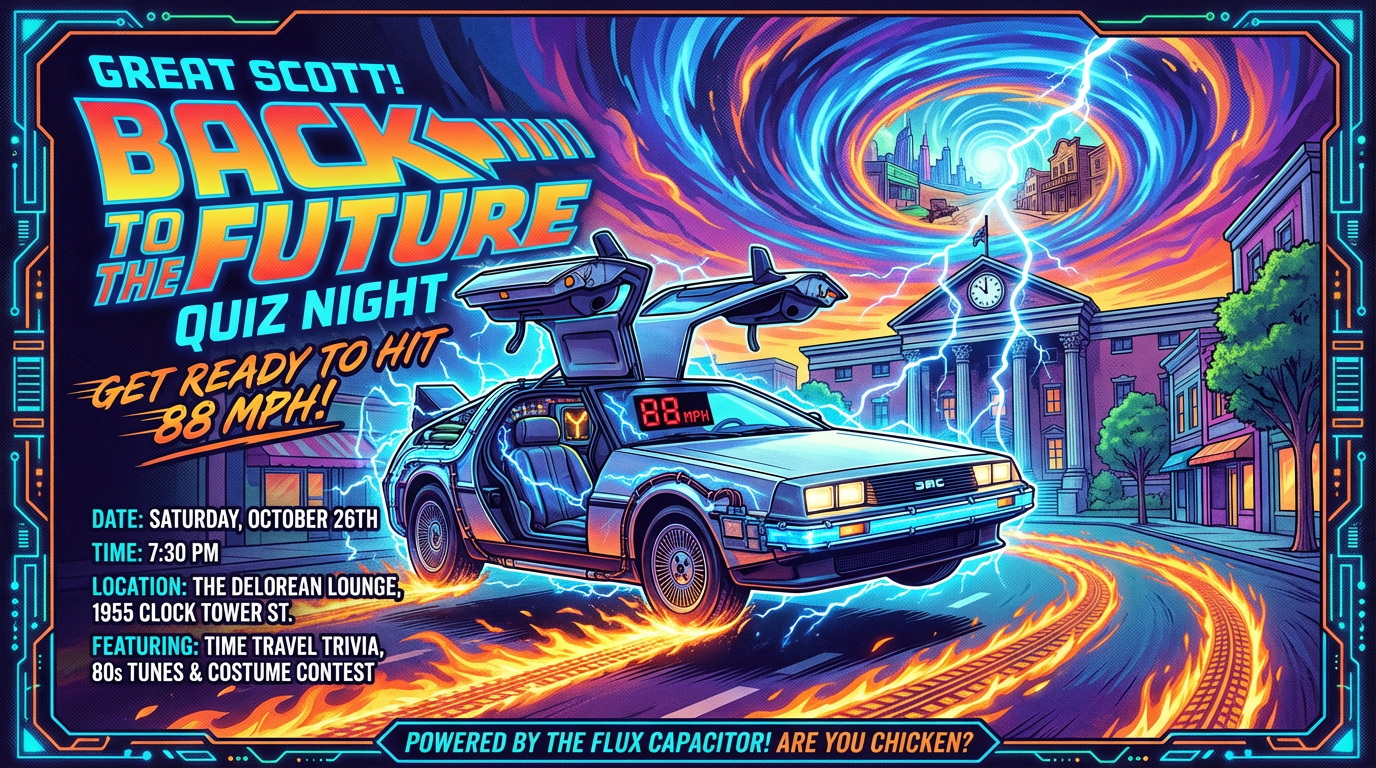 AI generated image using NANO_BANANA_PRO: A vibrant illustrated poster for a Back to the Future themed quiz. A stainless-s...