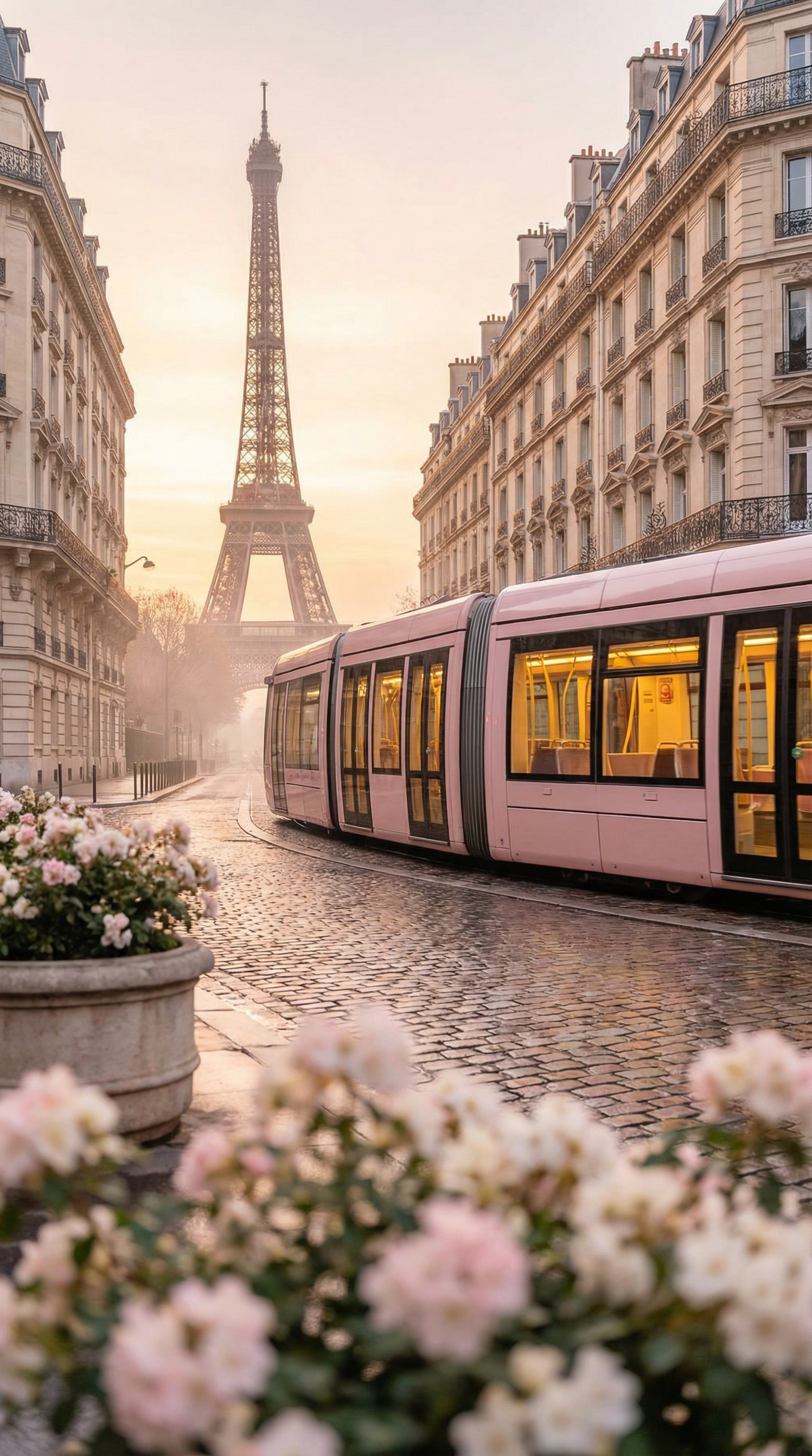 AI generated image using NANO_BANANA_PRO: A pastel pink modern tram traveling through Paris at sunset, Eiffel Tower rising...