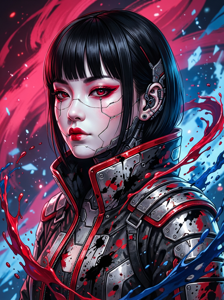AI generated image using NANO_BANANA_PRO: Subject: Cyberpunk manga-style Japanese girl, exquisite porcelain skin combined ...