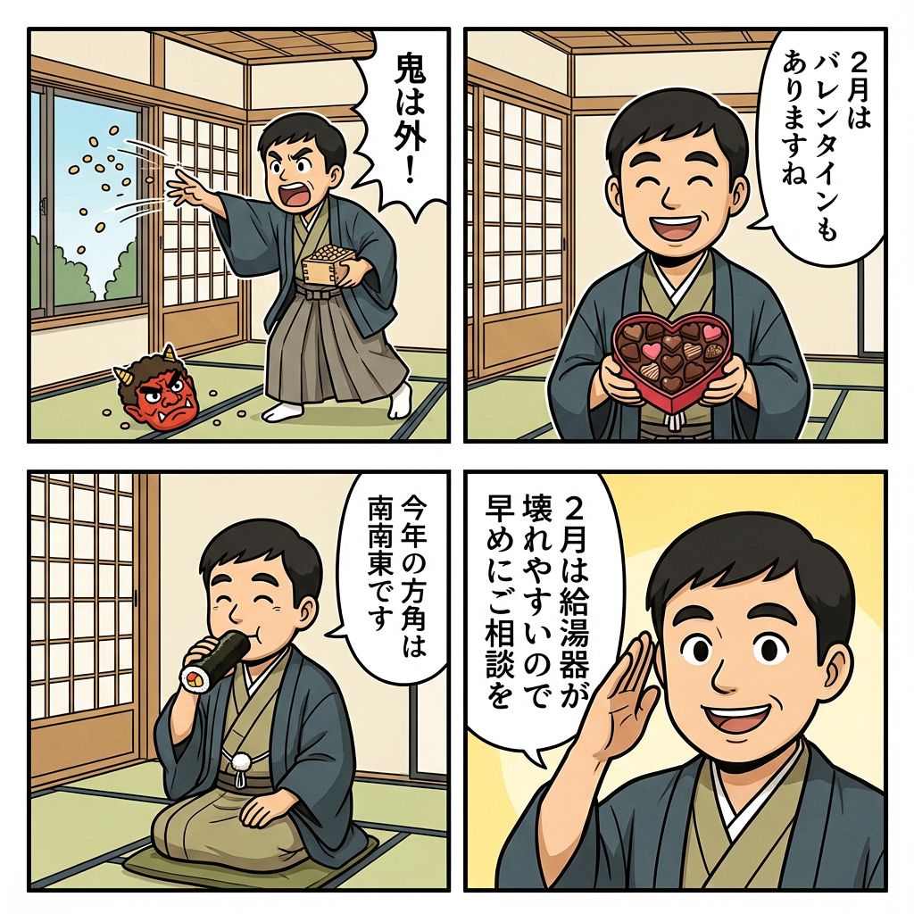 AI generated image using NANO_BANANA_PRO: I want to create a 4-panel manga Panel 1: Chiba-san is throwing beans for Setsub...