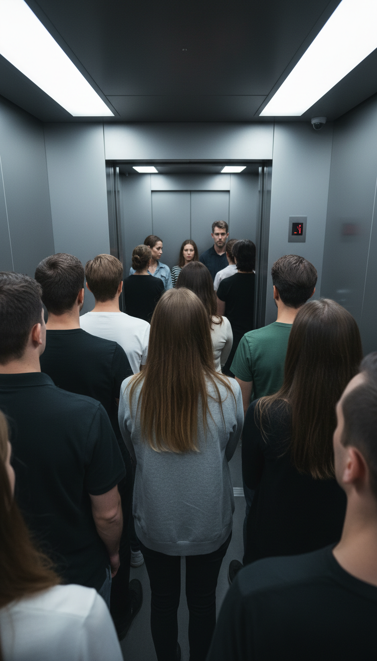 AI generated image using NANO_BANANA: First-person perspective (POV) from the very back of an elevator. Several passen...