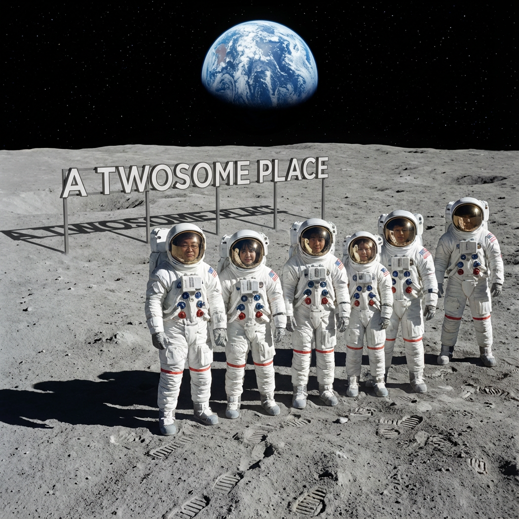 AI generated image using NANO_BANANA_PRO: Change everyone to be wearing spacesuits on the moon.