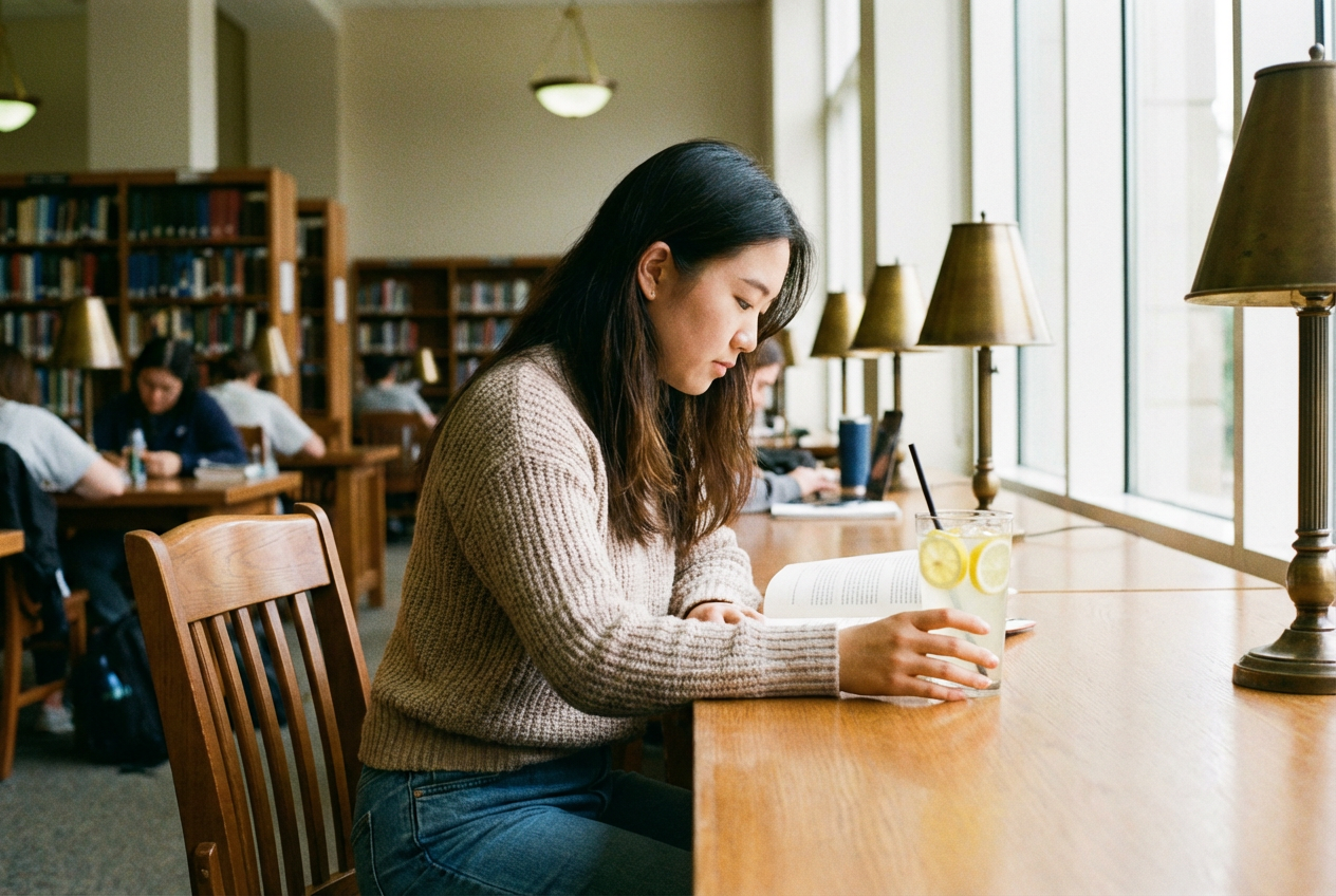 AI generated image using NANO_BANANA_PRO: A female college student in a university library, with a cup of lemonade by her ...