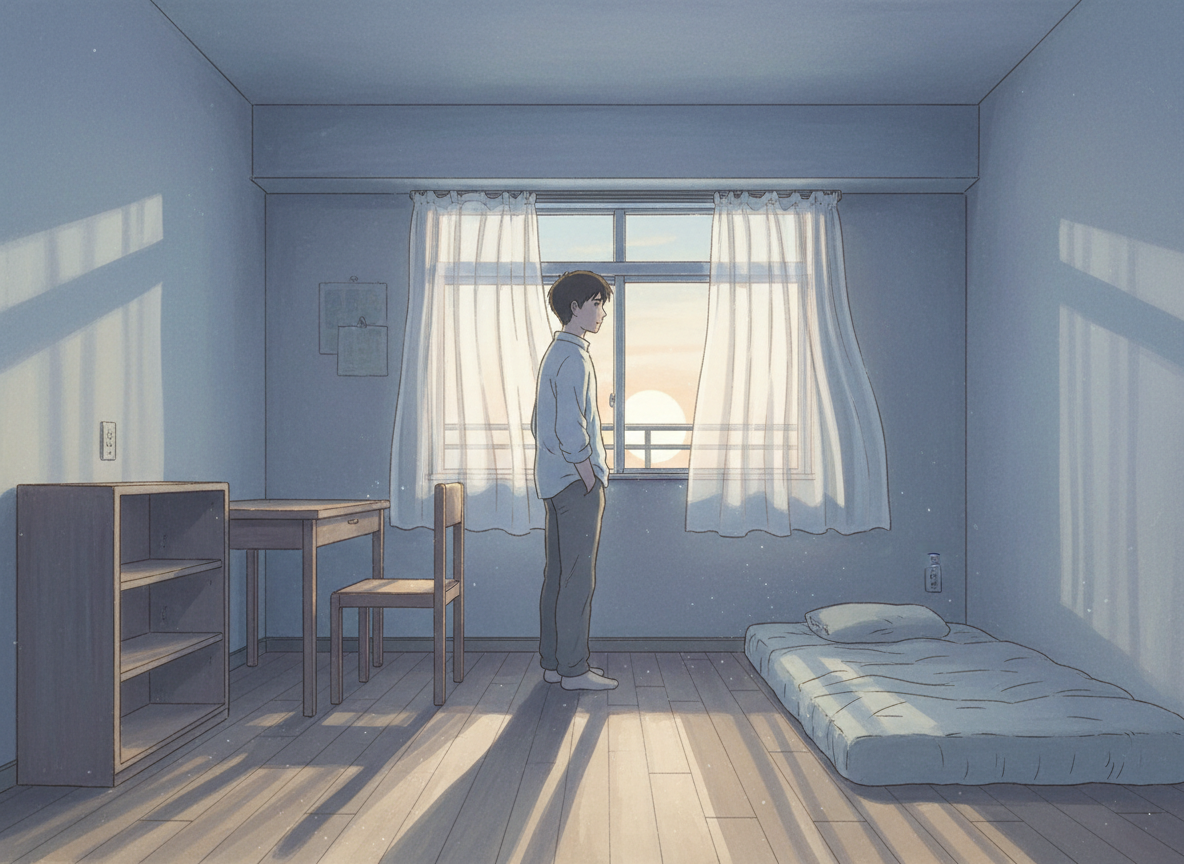 AI generated image using NANO_BANANA: Studio Ghibli inspired illustration, early dawn light entering a small poor apar...